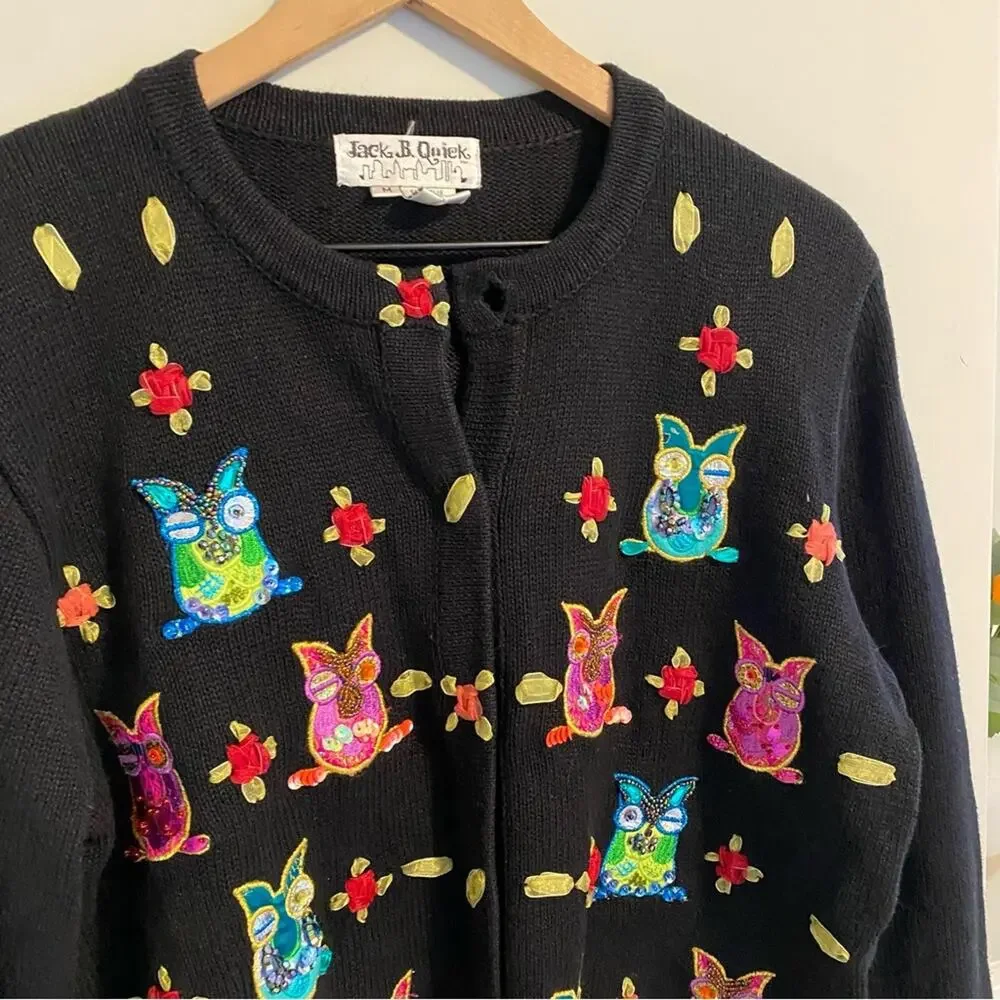 Vintage Jack B. Quick Black Owl Beaded Cardigan Sweater Medium